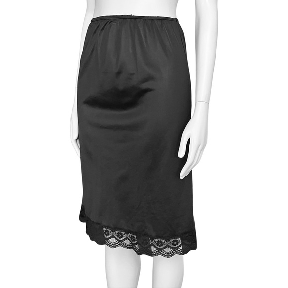 Vintage 70s Black Satin Lace Slip Skirt. XS/S. Lingerie Whimsigoth Coquette Goth - Picture 3 of 10